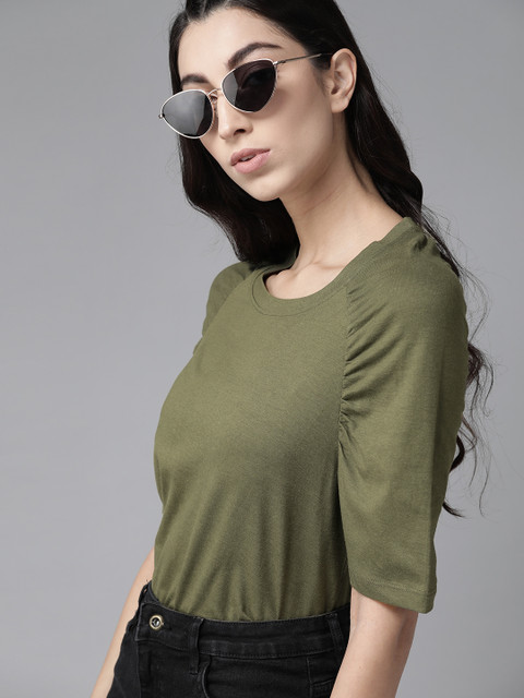 

Roadster Women Olive Green Solid Raglan Sleeves Top