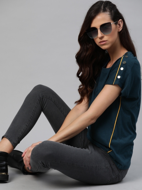 

The Roadster Lifestyle Co Women Teal Blue Button Detail T-shirt