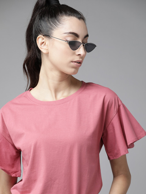 

Roadster Women Pink Flared Sleeves Round Neck Pure Cotton Regular Top