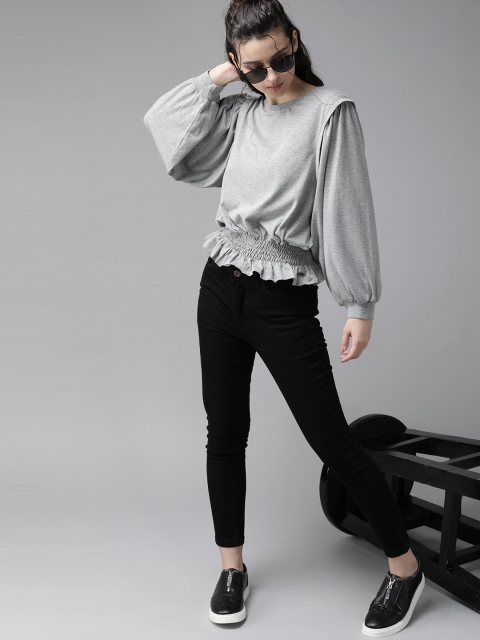 

The Roadster Lifestyle Co Women Grey Melange Pure Cotton Solid Blouson Top