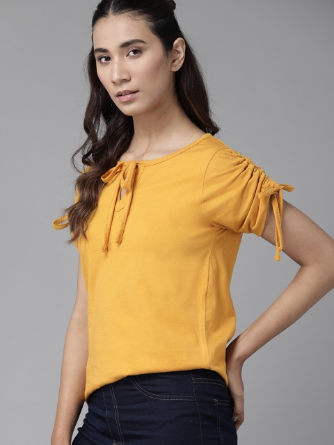 

The Roadster Lifestyle Co Women Mustard Yellow Tie-Up Solid Top