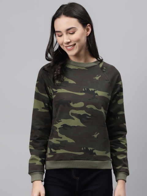 

I AM FOR YOU Women Olive Green & Brown Camouflage Print Sweatshirt