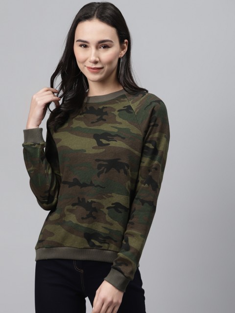 

I AM FOR YOU Women Olive Green Camouflage Printed Sweatshirt