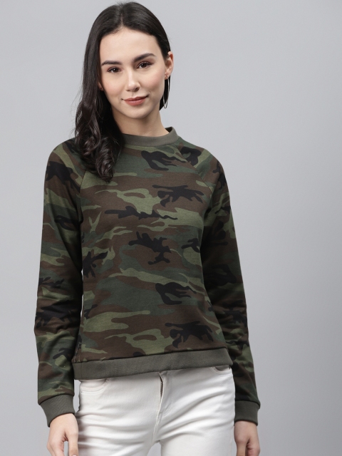 

I AM FOR YOU Women Olive Green & Brown Camouflage Print Sweatshirt