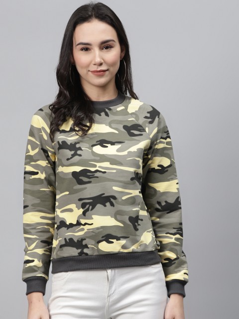 

I AM FOR YOU Women Grey & Cream-Coloured Camouflage Print Sweatshirt