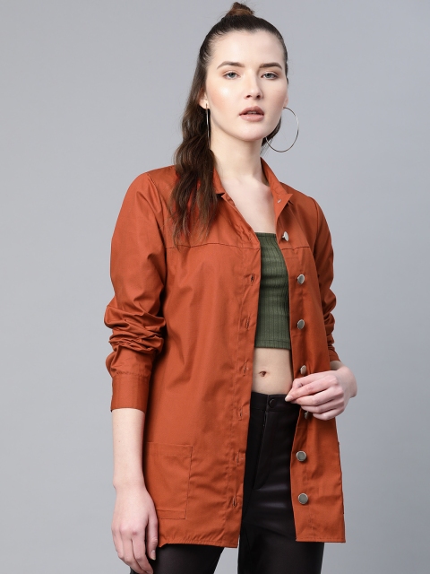 

Popnetic Women Rust Orange Pure Cotton Solid Shacket