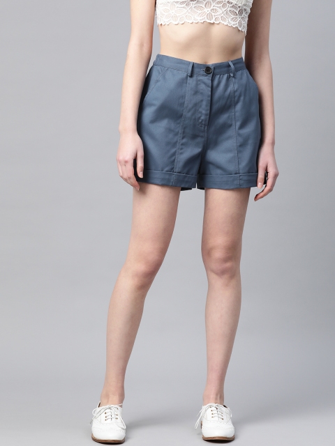 

Popnetic Women Blue Solid Regular Fit Pure Cotton Shorts