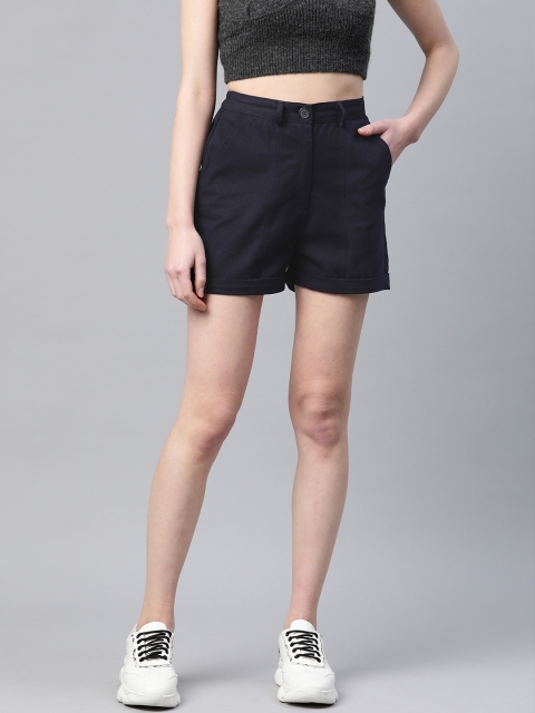 

Popnetic Women Navy Blue Solid Pure Cotton Regular Shorts