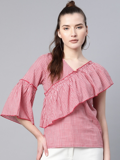 

Popnetic Women Red & White Checked Pure Cotton Top