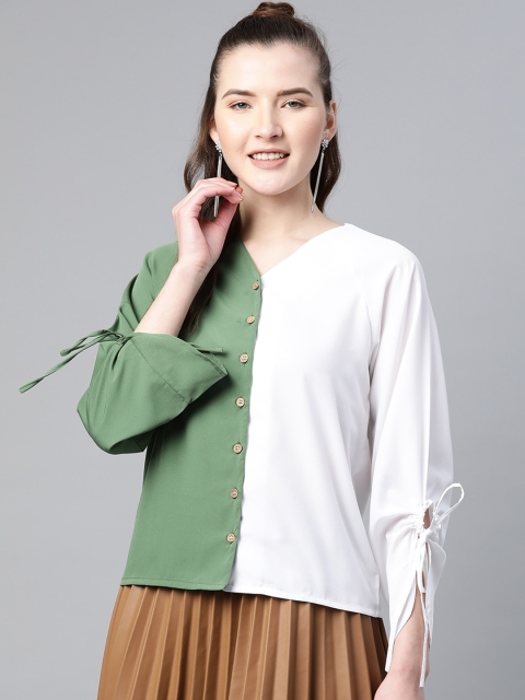 

Popnetic Women White & Green Colourblocked Shirt Style Top