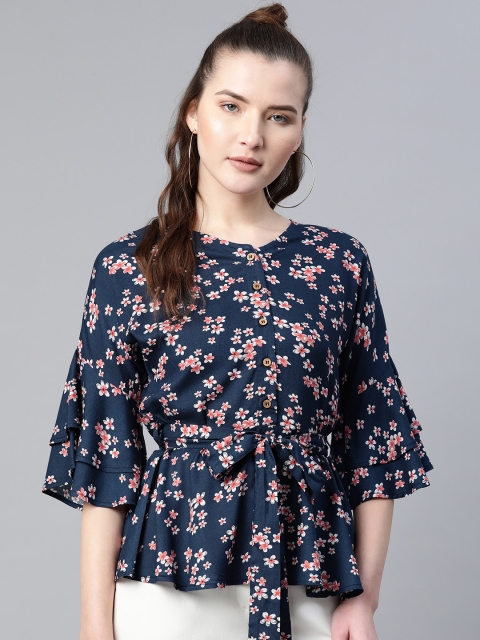 

Popnetic Women Navy Blue & Pink Floral Print Pure Cotton Top With Belt