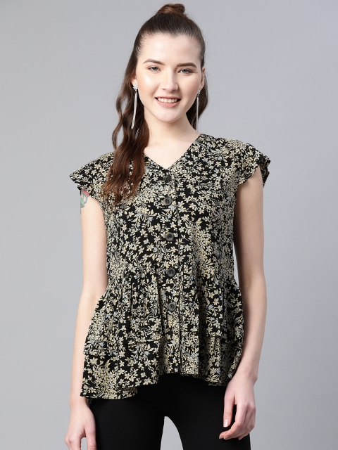 

Popnetic Women Black & Beige Floral Print A-Line Layered Top