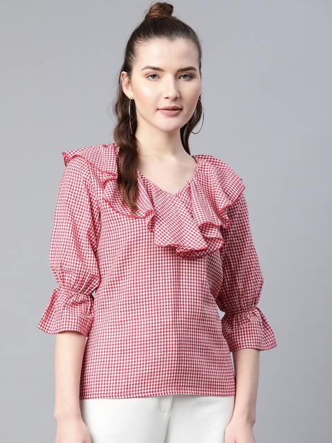 

Popnetic Women Red & White Checked Pure Cotton Top with Ruffled Detail