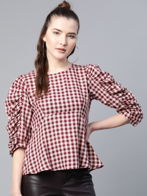 

Popnetic Women Maroon & Beige Checked Pure Cotton Styled Back Top