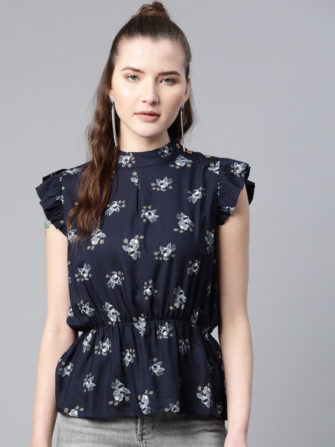 

Popnetic Women Navy Blue & Grey Floral Print Pure Cotton Cinched Waist Top