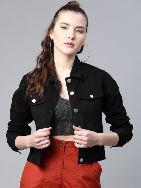 

Popnetic Women Black Solid Pure Cotton Shacket