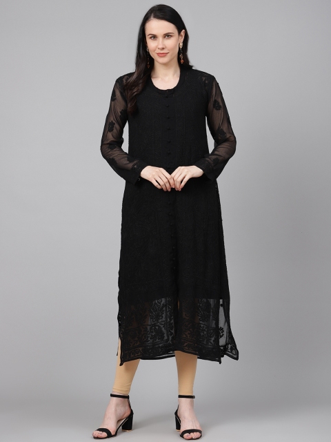 

ADA Women Black Sheer Chikankari Embroidered Straight Kurta