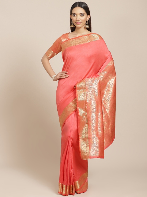 

Libas Coral Pink & Golden Solid Saree