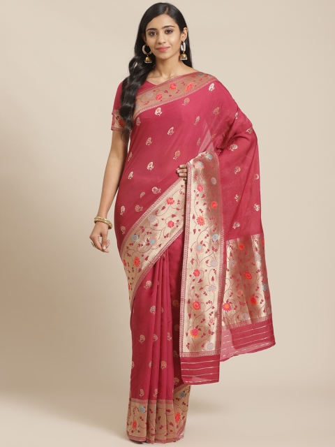 

Mitera Magenta & Golden Woven Design Maheshwari Liva Saree