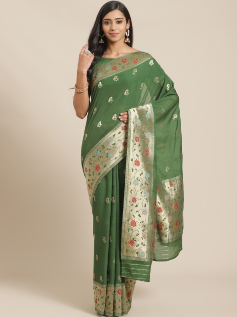 

Mitera Green & Golden Woven Design Maheshwari Liva Saree
