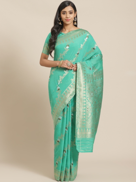 

Mitera Green & Silver Woven Design Maheshwari Liva Saree