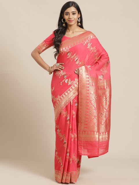 

Mitera Pink & Golden Woven Design Maheshwari Liva Saree