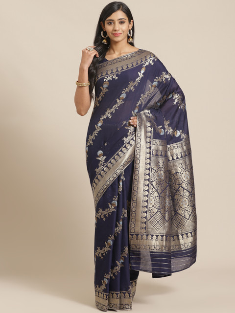 

Mitera Navy Blue & Golden Woven Design Maheshwari Liva Saree