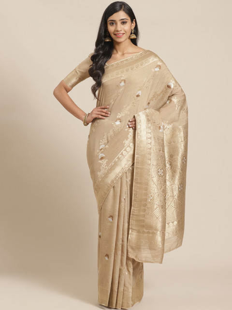 

Mitera Beige & Golden Woven Design Maheshwari Liva Saree