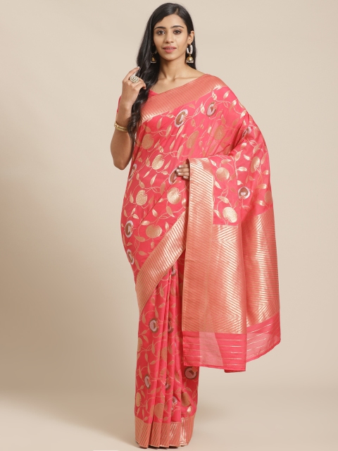 

Mitera Pink & Golden Woven Design Maheshwari Liva Saree