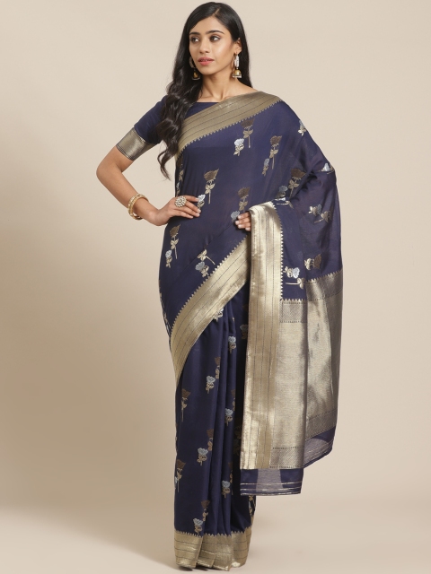 

Mitera Navy Blue & Golden Woven Design Maheshwari Liva Saree