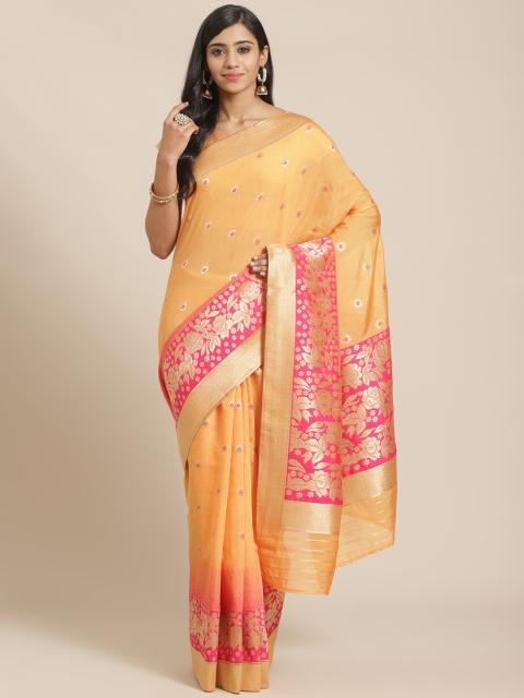 

Mitera Orange & Pink Woven Design Maheshwari Liva Saree