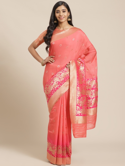 

Mitera Pink & Golden Woven Design Maheshwari Liva Saree