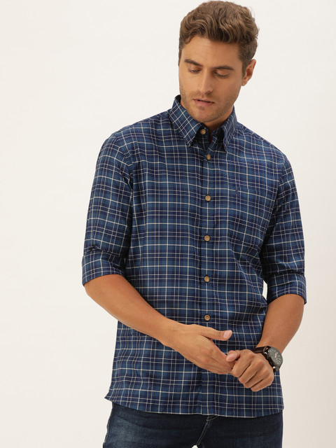 

Burnt Umber Men Navy Blue & White Slim Fit Checked Casual Shirt