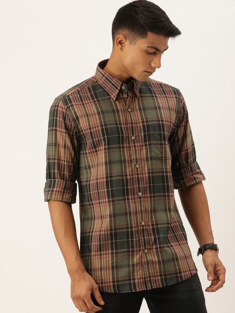 

Burnt Umber Men Brown & Olive Green Regular Fit Checked Casual Shirt