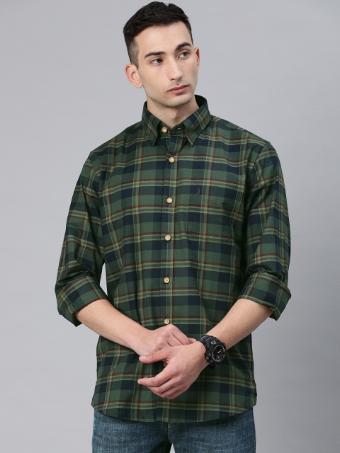 

Burnt Umber Men Olive Green & Navy Blue Comfort Fit Oxford Checked Casual Shirt