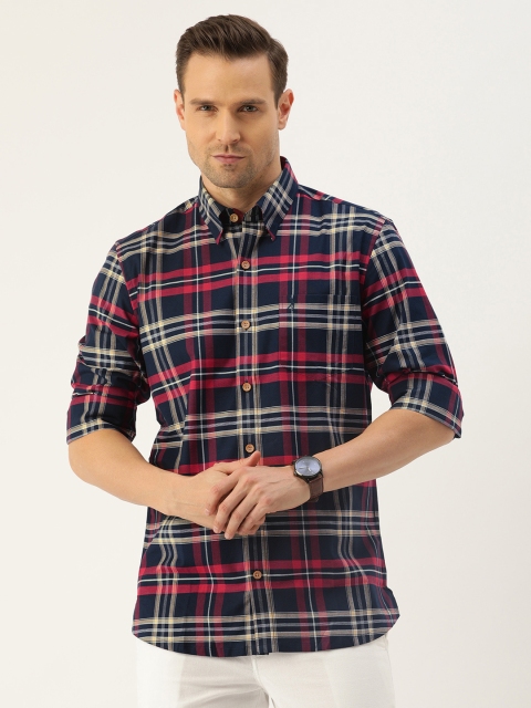 

Burnt Umber Men Navy Blue & Red Regular Fit Checked Casual Linen Shirt