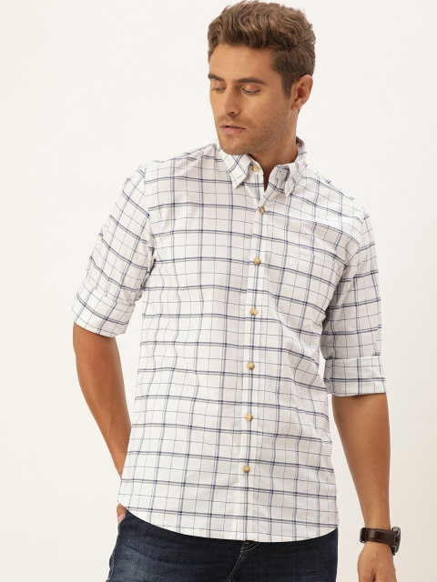 

Burnt Umber Men White & Navy Blue Comfort Fit Checked Casual Cotton-Linen Shirt