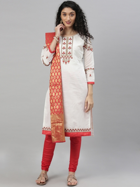 

DIVASTRI White & Red Silk Blend Semi-Stitched Dress Material