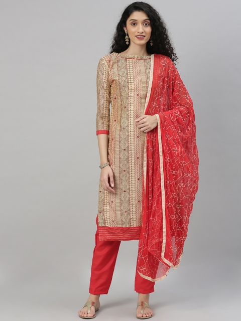 

DIVASTRI Brown & Red Silk Blend Unstitched Dress Material