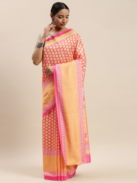 

DIVASTRI Pink & Gold-Coloured Poly Silk Digital Printed Saree