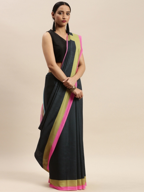 

DIVASTRI Black Solid Striped Border Saree