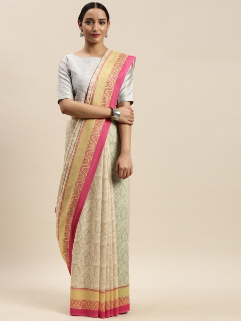 

DIVASTRI Cream-Coloured & Green Poly Silk Printed Saree