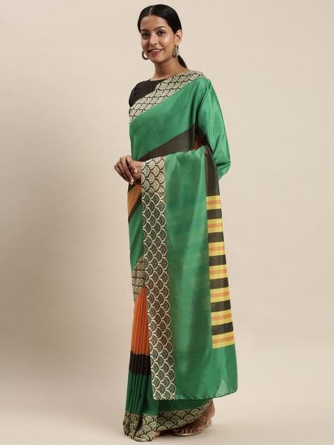 

DIVASTRI Green & Orange Striped Saree With Printed Border