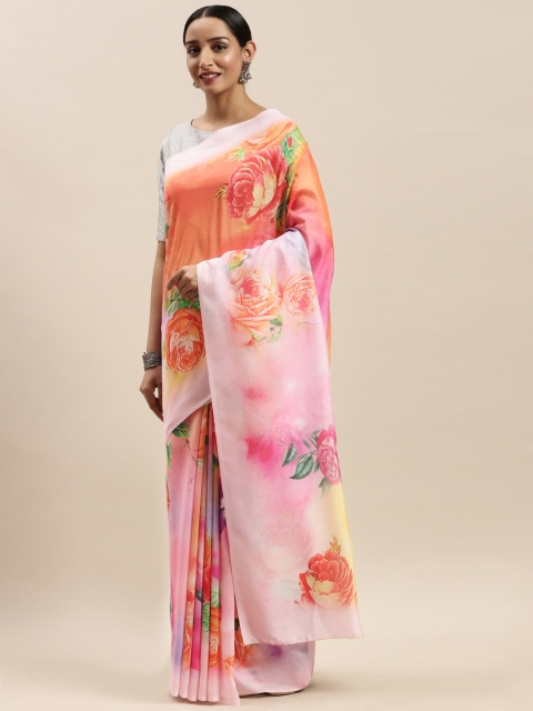 

DIVASTRI Pink & Orange Poly Silk Floral Printed Saree