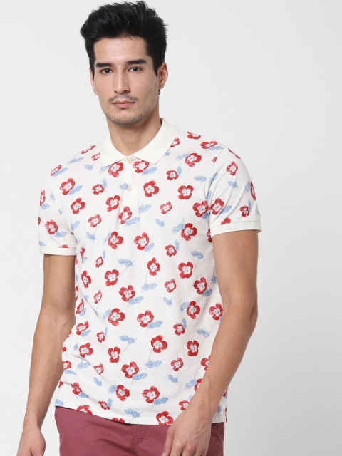 

SELECTED Men White Red Printed Polo Collar Organic Cotton T-shirt