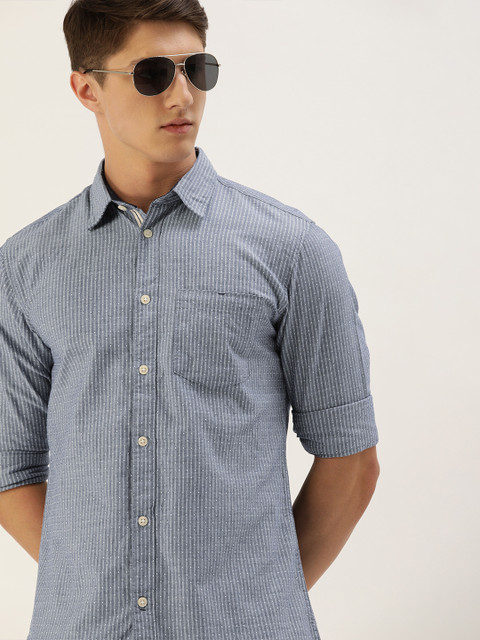 

SELECTED Men Navy Blue & White Slim Fit Striped Casual Shirt