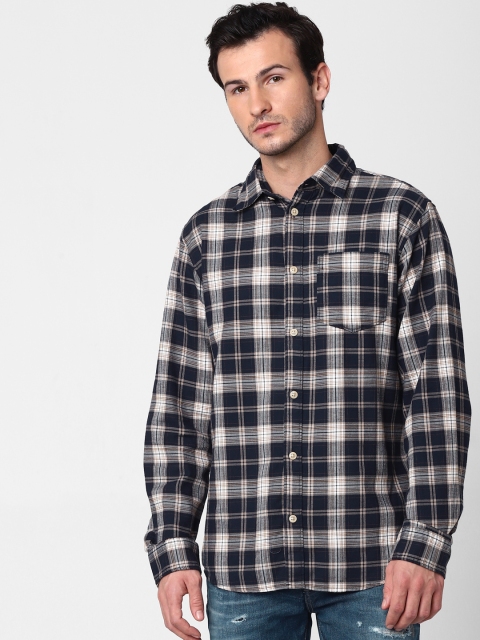 

SELECTED Men Navy Blue & Off-White Regular Fit Organic Cotton Checked Casual Shirt