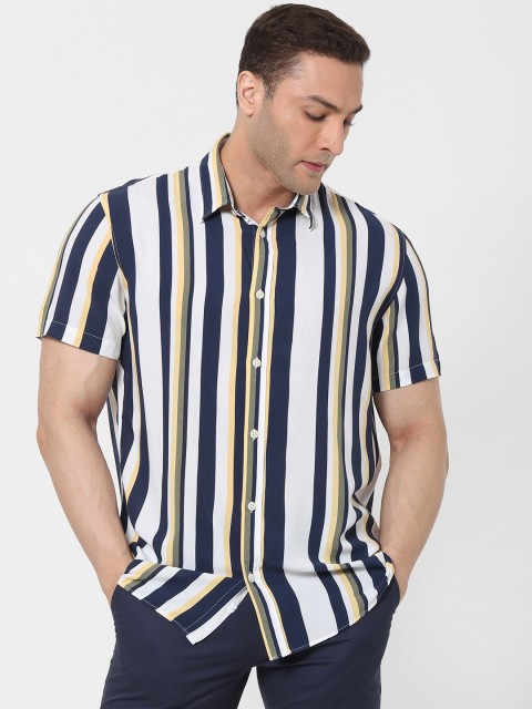 

SELECTED Men White & Navy Blue Striped Casual Shirt