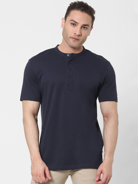 

SELECTED Men Navy Blue Solid Organic Cotton Henley Neck T-shirt