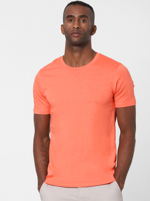 

SELECTED Men Coral Pink Solid Round Neck Pure Cotton T-shirt